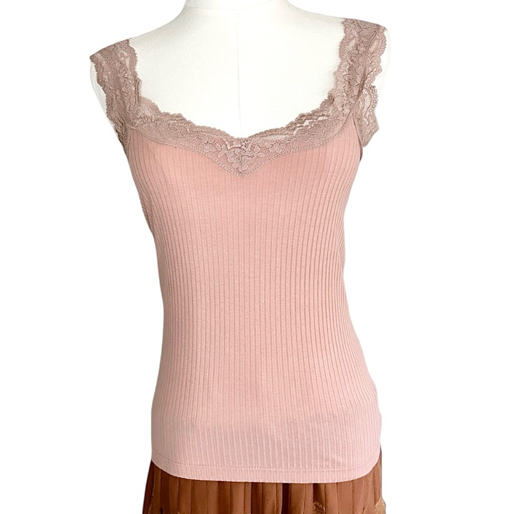 J. CREW Y2K Ribbed Fairy Lace Trim Tank Top Cami Preppy Dainty Coquette Size XS